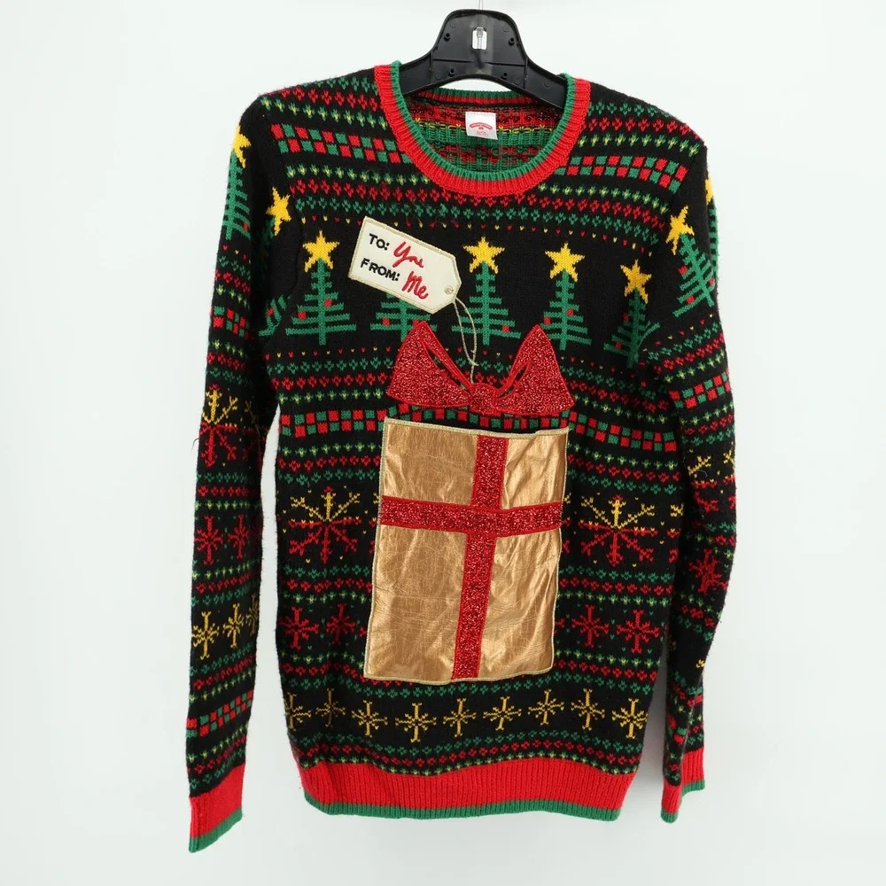 Holiday Time Womens Ugly Christmas Sweater Present Gift Black‎ Red Small